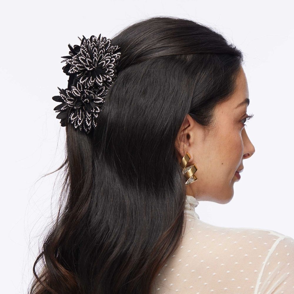 New Lele Sadoughi Crystak Dahlia Claw Clip Hair Black